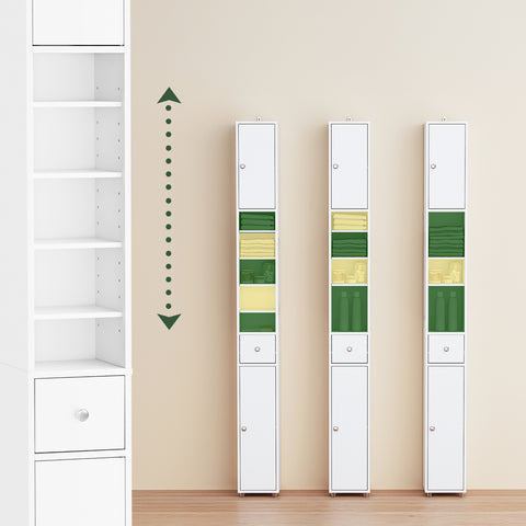 SoBuy BZR34-II-W Korkea Kylpyhuonekaappi – Vapaasti Seisova Kapea Kylpyhuonekaappi, Vedenkestävä Säädettävillä Hyllyillä ja Laatikkolla – Kompakti Puiset Kylpyhuonekaluste, Valkoinen, L20 x S20 x K180 cm