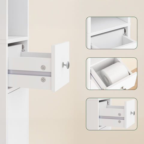 SoBuy BZR34-II-W Korkea Kylpyhuonekaappi – Vapaasti Seisova Kapea Kylpyhuonekaappi, Vedenkestävä Säädettävillä Hyllyillä ja Laatikkolla – Kompakti Puiset Kylpyhuonekaluste, Valkoinen, L20 x S20 x K180 cm