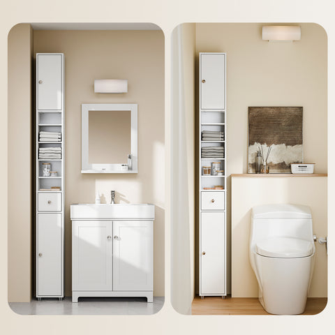 SoBuy BZR34-II-W Korkea Kylpyhuonekaappi – Vapaasti Seisova Kapea Kylpyhuonekaappi, Vedenkestävä Säädettävillä Hyllyillä ja Laatikkolla – Kompakti Puiset Kylpyhuonekaluste, Valkoinen, L20 x S20 x K180 cm