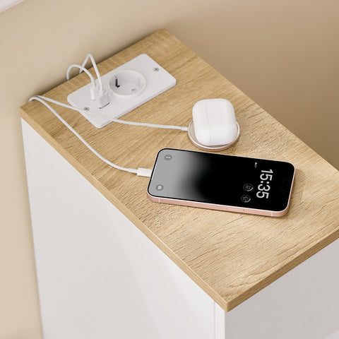 Ennakkomyynti SoBuy FBT111-E-WN kapea yöpöytä 20 cm leveä – USB-portilla, laatikolla ja hyllyllä, makuuhuoneeseen tai olohuoneeseen, valkoinen & puunvärinen, 20 x 35 x 60 cm