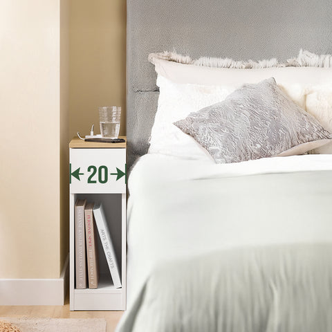 Ennakkomyynti SoBuy FBT111-E-WN kapea yöpöytä 20 cm leveä – USB-portilla, laatikolla ja hyllyllä, makuuhuoneeseen tai olohuoneeseen, valkoinen & puunvärinen, 20 x 35 x 60 cm