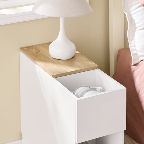 SoBuy FBT162-WN yöpöydät, 3-lokeroa – kapea sivupöytä sohvan viereen, makuuhuoneeseen, olohuoneeseen, ruokailutilaan tai keittiöön – Valkoinen ja puunvärinen, 25 x 65 x 60 cm, malli
