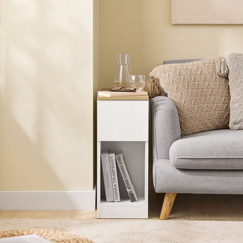 SoBuy FBT162-WN yöpöydät, 3-lokeroa – kapea sivupöytä sohvan viereen, makuuhuoneeseen, olohuoneeseen, ruokailutilaan tai keittiöön – Valkoinen ja puunvärinen, 25 x 65 x 60 cm, malli