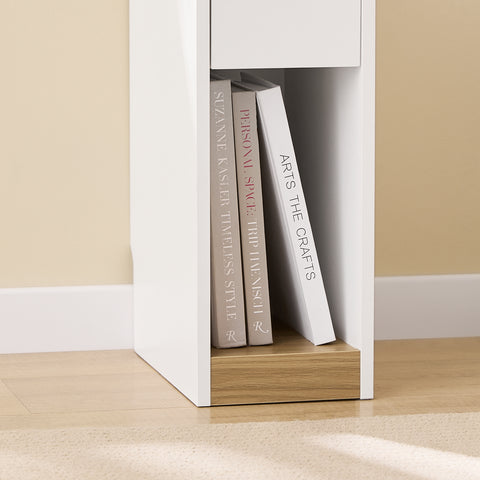 SoBuy FBT163-WN Yöpöydät irrotettavalla kannella ja laatikolla – Kapea sivupöytä sohvan viereen – Yöpöytä makuu- tai olohuoneeseen – Valkoinen ja puunvärinen korkea kapea pöytä 20 x 35 x 60 cm, malli