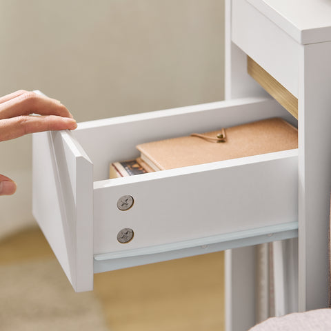 SoBuy FBT163-WN Yöpöydät irrotettavalla kannella ja laatikolla – Kapea sivupöytä sohvan viereen – Yöpöytä makuu- tai olohuoneeseen – Valkoinen ja puunvärinen korkea kapea pöytä 20 x 35 x 60 cm, malli