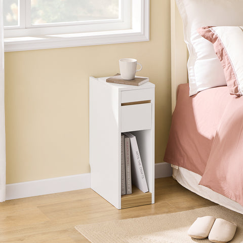 SoBuy FBT163-WN Yöpöydät irrotettavalla kannella ja laatikolla – Kapea sivupöytä sohvan viereen – Yöpöytä makuu- tai olohuoneeseen – Valkoinen ja puunvärinen korkea kapea pöytä 20 x 35 x 60 cm, malli