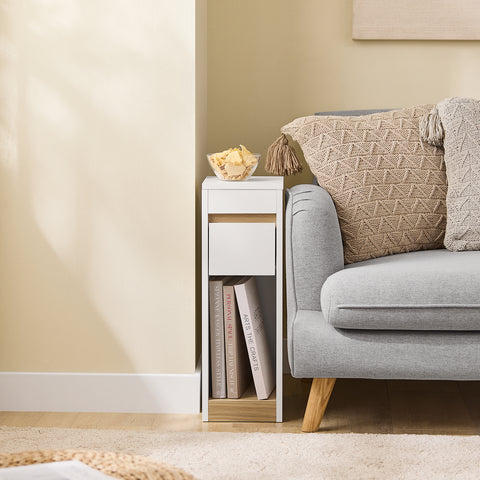 SoBuy FBT163-WN Yöpöydät irrotettavalla kannella ja laatikolla – Kapea sivupöytä sohvan viereen – Yöpöytä makuu- tai olohuoneeseen – Valkoinen ja puunvärinen korkea kapea pöytä 20 x 35 x 60 cm, malli