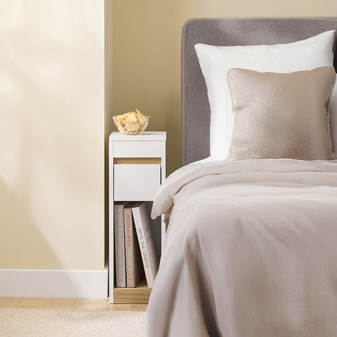 SoBuy FBT163-WN Yöpöydät irrotettavalla kannella ja laatikolla – Kapea sivupöytä sohvan viereen – Yöpöytä makuu- tai olohuoneeseen – Valkoinen ja puunvärinen korkea kapea pöytä 20 x 35 x 60 cm, malli