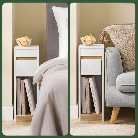 SoBuy FBT163-WN Yöpöydät irrotettavalla kannella ja laatikolla – Kapea sivupöytä sohvan viereen – Yöpöytä makuu- tai olohuoneeseen – Valkoinen ja puunvärinen korkea kapea pöytä 20 x 35 x 60 cm, malli