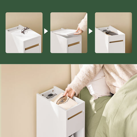 SoBuy FBT163-WN Yöpöydät irrotettavalla kannella ja laatikolla – Kapea sivupöytä sohvan viereen – Yöpöytä makuu- tai olohuoneeseen – Valkoinen ja puunvärinen korkea kapea pöytä 20 x 35 x 60 cm, malli