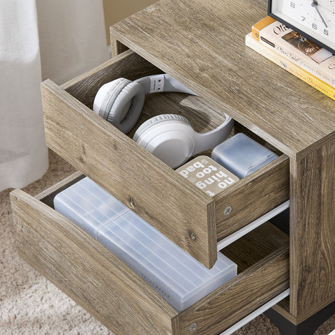 SoBuy FBT165-N Yöpöytä, 2 kaarevaa etulaatikkoa, puuefekti & metallijalat, moderni sivupöytä makuuhuoneeseen, 40×40×47 cm, luonnollinen