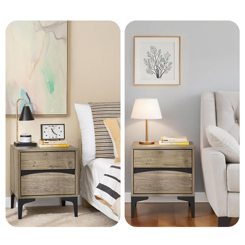 SoBuy FBT165-N Yöpöytä, 2 kaarevaa etulaatikkoa, puuefekti & metallijalat, moderni sivupöytä makuuhuoneeseen, 40×40×47 cm, luonnollinen