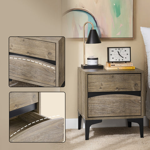 SoBuy FBT165-N Yöpöytä, 2 kaarevaa etulaatikkoa, puuefekti & metallijalat, moderni sivupöytä makuuhuoneeseen, 40×40×47 cm, luonnollinen