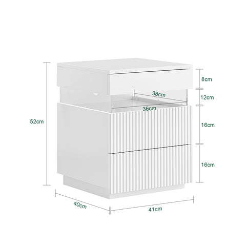 SoBuy FBT167-E-W Yöpöytä, 3 laatikkoa, 2 akryylisivupaneelia & LED-valaistus, 3 säädettävää väriä, Moderni yöpöytä makuuhuoneeseen & olohuoneeseen, L41 × S40 × K52 cm, Valkoinen