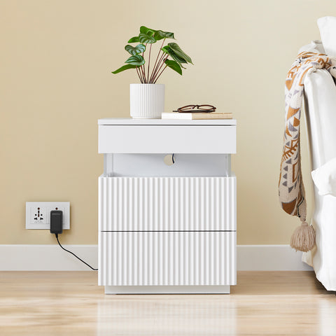 SoBuy FBT167-E-W Yöpöytä, 3 laatikkoa, 2 akryylisivupaneelia & LED-valaistus, 3 säädettävää väriä, Moderni yöpöytä makuuhuoneeseen & olohuoneeseen, L41 × S40 × K52 cm, Valkoinen