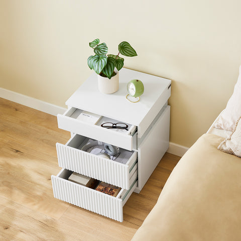 SoBuy FBT167-E-W Yöpöytä, 3 laatikkoa, 2 akryylisivupaneelia & LED-valaistus, 3 säädettävää väriä, Moderni yöpöytä makuuhuoneeseen & olohuoneeseen, L41 × S40 × K52 cm, Valkoinen