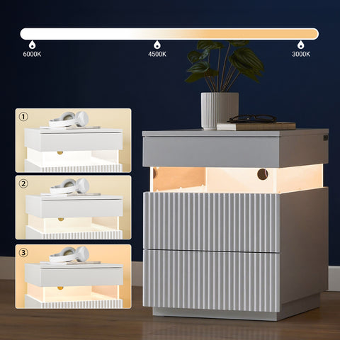 SoBuy FBT167-E-W Yöpöytä, 3 laatikkoa, 2 akryylisivupaneelia & LED-valaistus, 3 säädettävää väriä, Moderni yöpöytä makuuhuoneeseen & olohuoneeseen, L41 × S40 × K52 cm, Valkoinen