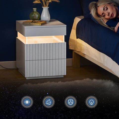 SoBuy FBT167-E-W Yöpöytä, 3 laatikkoa, 2 akryylisivupaneelia & LED-valaistus, 3 säädettävää väriä, Moderni yöpöytä makuuhuoneeseen & olohuoneeseen, L41 × S40 × K52 cm, Valkoinen