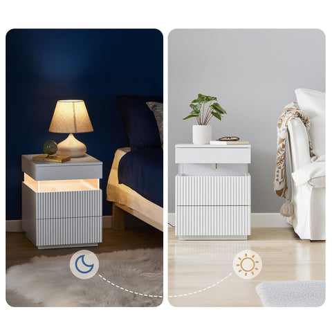 SoBuy FBT167-E-W Yöpöytä, 3 laatikkoa, 2 akryylisivupaneelia & LED-valaistus, 3 säädettävää väriä, Moderni yöpöytä makuuhuoneeseen & olohuoneeseen, L41 × S40 × K52 cm, Valkoinen