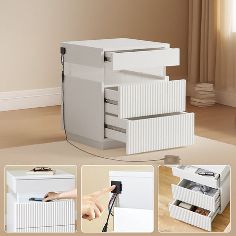 SoBuy FBT167-E-W Yöpöytä, 3 laatikkoa, 2 akryylisivupaneelia & LED-valaistus, 3 säädettävää väriä, Moderni yöpöytä makuuhuoneeseen & olohuoneeseen, L41 × S40 × K52 cm, Valkoinen