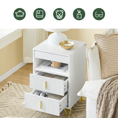 SoBuy FBT168-W Yöpöytä, Sängynvieruspöytä 3 laatikolla ja hyllyllä, Moderni Sivupöytä Makuuhuoneeseen ja Olohuoneeseen, Valkoinen L40 x S40 x K63 cm