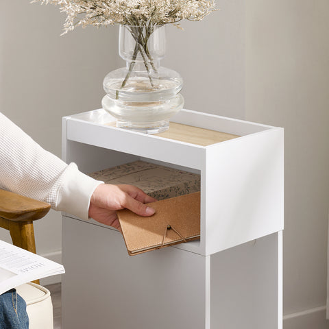 Ennakkomyynti SoBuy FBT171-WN Kapea Yöpöytä Laatikkolla ja Hyllyllä – Moderni Sivu­pöytä Makuuhuoneeseen ja Olohuoneeseen, Valkoinen, 20 × 35 × 60 cm