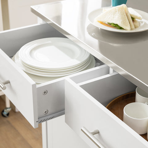 SoBuy FKW108-W Monitoiminen Keittiövaunu Ruostumattomalla Teräslevyllä – Laatikoita ja Kaappi, Sivuhylly, Täydellinen Keittiön Säilytykseen ja Liikkuva Valkoinen Kaappi 107 x 46 x 94 cm