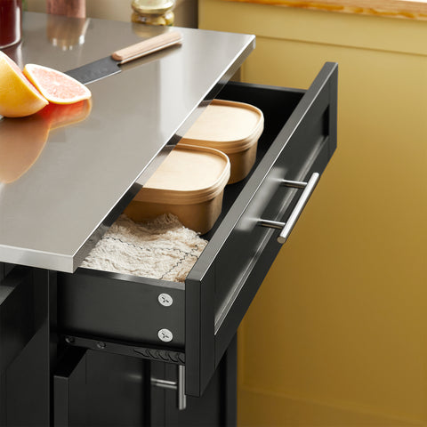 SoBuy FKW110-SCH Keittiövaunu Pyörillä – Kompakti Keittiön Säilytyskaappi Ruostumattomalla Työtasolla, 80×90×46 cm, Musta