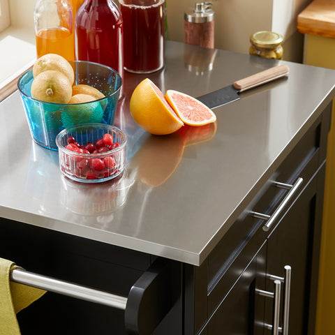 SoBuy FKW110-SCH Keittiövaunu Pyörillä – Kompakti Keittiön Säilytyskaappi Ruostumattomalla Työtasolla, 80×90×46 cm, Musta