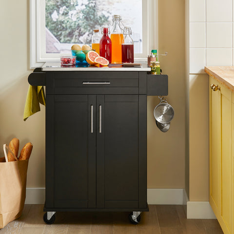 SoBuy FKW110-SCH Keittiövaunu Pyörillä – Kompakti Keittiön Säilytyskaappi Ruostumattomalla Työtasolla, 80×90×46 cm, Musta