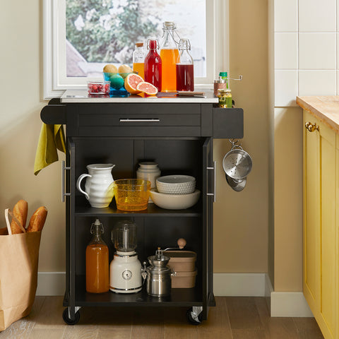 SoBuy FKW110-SCH Keittiövaunu Pyörillä – Kompakti Keittiön Säilytyskaappi Ruostumattomalla Työtasolla, 80×90×46 cm, Musta