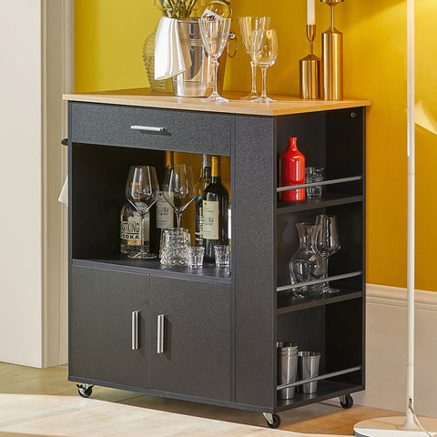 SoBuy FKW113-SCH Musta Keittiövaunu Pyörillä – Säilytyskaappi, Työtaso ja Säilytyspenkki 75x46x83 cm