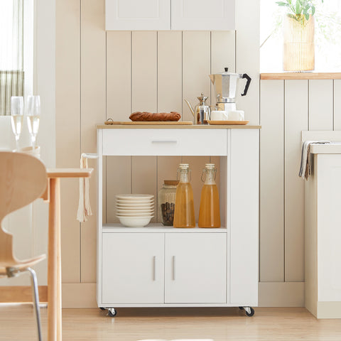 Ennakkomyynti SoBuy FKW113-WN – Monikäyttöinen keittiövaunu pyörillä, säilytyskaluste laatikolla ja ovilla, valkoinen 75×46×83 cm