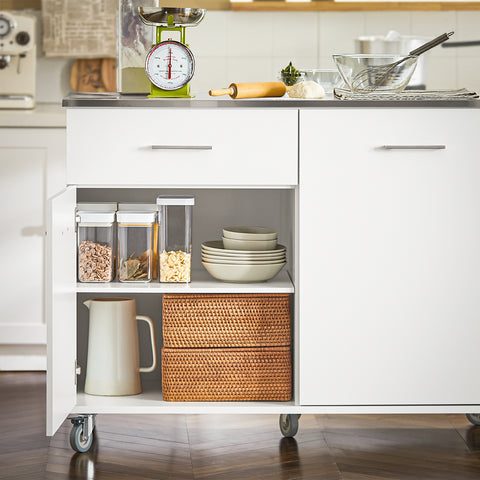 SoBuy FKW117-W Pyörillä varustettu Keskisaareke INOX-työtasolla ja Yhdellä Laatikkolla, Liikkuva Hylly Keittiöön tai Ruokasaliin, Keittiökaluste Tallennustilalla 120 x 56 x 90 cm