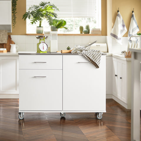 SoBuy FKW117-W Pyörillä varustettu Keskisaareke INOX-työtasolla ja Yhdellä Laatikkolla, Liikkuva Hylly Keittiöön tai Ruokasaliin, Keittiökaluste Tallennustilalla 120 x 56 x 90 cm