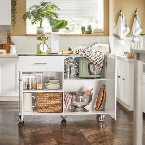 SoBuy FKW117-W Pyörillä varustettu Keskisaareke INOX-työtasolla ja Yhdellä Laatikkolla, Liikkuva Hylly Keittiöön tai Ruokasaliin, Keittiökaluste Tallennustilalla 120 x 56 x 90 cm