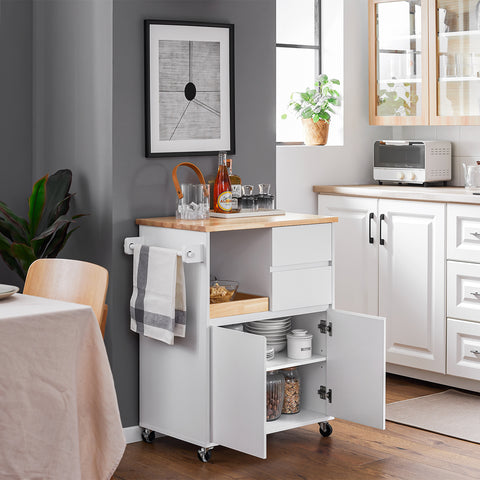Ennakkomyynti SoBuy FKW123-WN Keittiövaunu Pyörillä – Säilytyskaappi, Irrotettava Tarjotin, 2 Laatikkoa ja 2 Ovea, 72×40×84 cm, Valkoinen