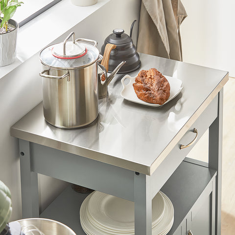 SoBuy FKW22-HG – Kompakti Rullattava Keittiövaunu Ruostumattomalla Työtasolla, Harmaa 60×92×44 cm