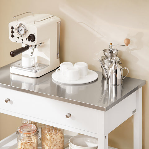 SoBuy Keukentrolley pyörillä, keittiösaari ruostumattomasta teräksestä, laatikot ja avohyllyt, tarjoiluvaunu ja säilytyskaluste keittiöön, olohuoneeseen, puutarhaan, 81x90x45cm FKW47-II-W