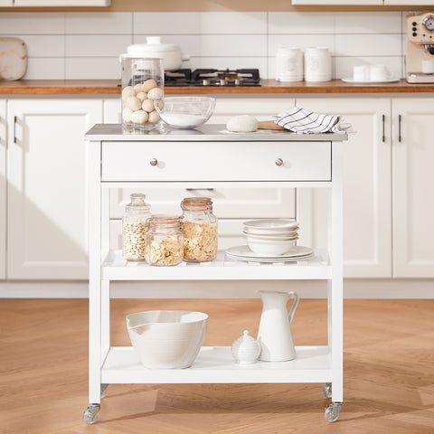 SoBuy Keukentrolley pyörillä, keittiösaari ruostumattomasta teräksestä, laatikot ja avohyllyt, tarjoiluvaunu ja säilytyskaluste keittiöön, olohuoneeseen, puutarhaan, 81x90x45cm FKW47-II-W