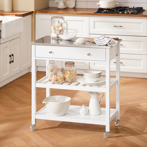 SoBuy Keukentrolley pyörillä, keittiösaari ruostumattomasta teräksestä, laatikot ja avohyllyt, tarjoiluvaunu ja säilytyskaluste keittiöön, olohuoneeseen, puutarhaan, 81x90x45cm FKW47-II-W