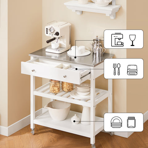 SoBuy Keukentrolley pyörillä, keittiösaari ruostumattomasta teräksestä, laatikot ja avohyllyt, tarjoiluvaunu ja säilytyskaluste keittiöön, olohuoneeseen, puutarhaan, 81x90x45cm FKW47-II-W