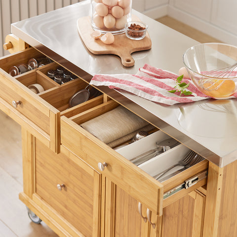 SoBuy FKW70-N Rullallinen Keittiösaareke Inox-työtasolla ja 4 Laatikoilla, Liikkuva Keittiökaluste, 115x46x92 cm