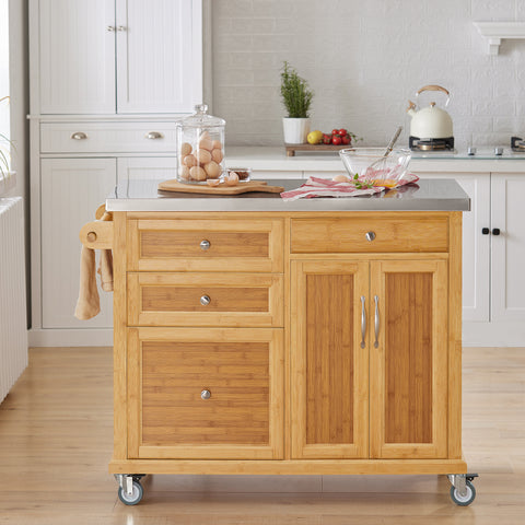 SoBuy FKW70-N Rullallinen Keittiösaareke Inox-työtasolla ja 4 Laatikoilla, Liikkuva Keittiökaluste, 115x46x92 cm