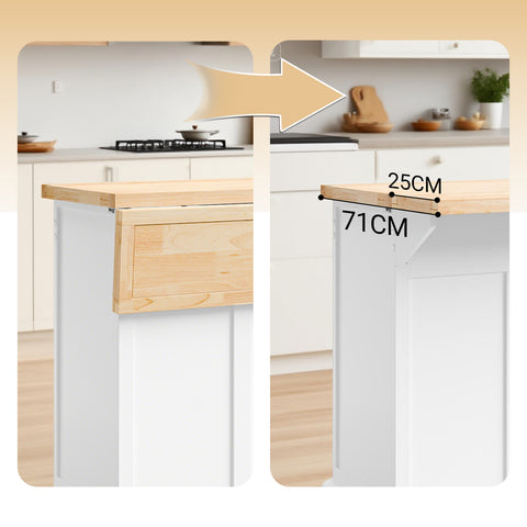 SoBuy FKW71-II-WN Keittiövaunu pyörillä, keskeinen keittiösaareke jatkettavalla työtasolla, liikkuva tarjoiluvaunu keittiöön tai ruokasaliin, valkoinen säilytyskaluste 115x46/71x92 cm