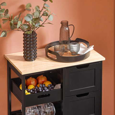 SoBuy FKW79-SCH Keittiösaareke Pyörillä, Kolme Laatikkoa ja Irrotettava Hylly, Keittiön Säilytyskaluste, Musta (L68xP38xK85cm)