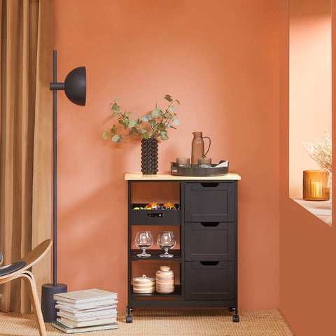 SoBuy FKW79-SCH Keittiösaareke Pyörillä, Kolme Laatikkoa ja Irrotettava Hylly, Keittiön Säilytyskaluste, Musta (L68xP38xK85cm)