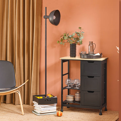 SoBuy FKW79-SCH Keittiösaareke Pyörillä, Kolme Laatikkoa ja Irrotettava Hylly, Keittiön Säilytyskaluste, Musta (L68xP38xK85cm)