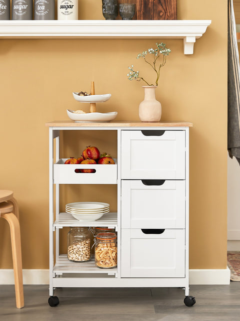 SoBuy FKW79-W Keittiösaareke Rullat ja Säilytys, 3 Laatikkoa ja 1 Irrotettava Hylly, Valkoinen, L68xP38xH85cm