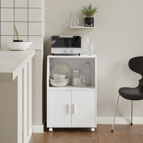 SoBuy FRG241-W – Kompakti Keittiövaunu Pyörillä | Säädettävä Hylly, Ovet & Monipuolinen Säilytys – Valkoinen